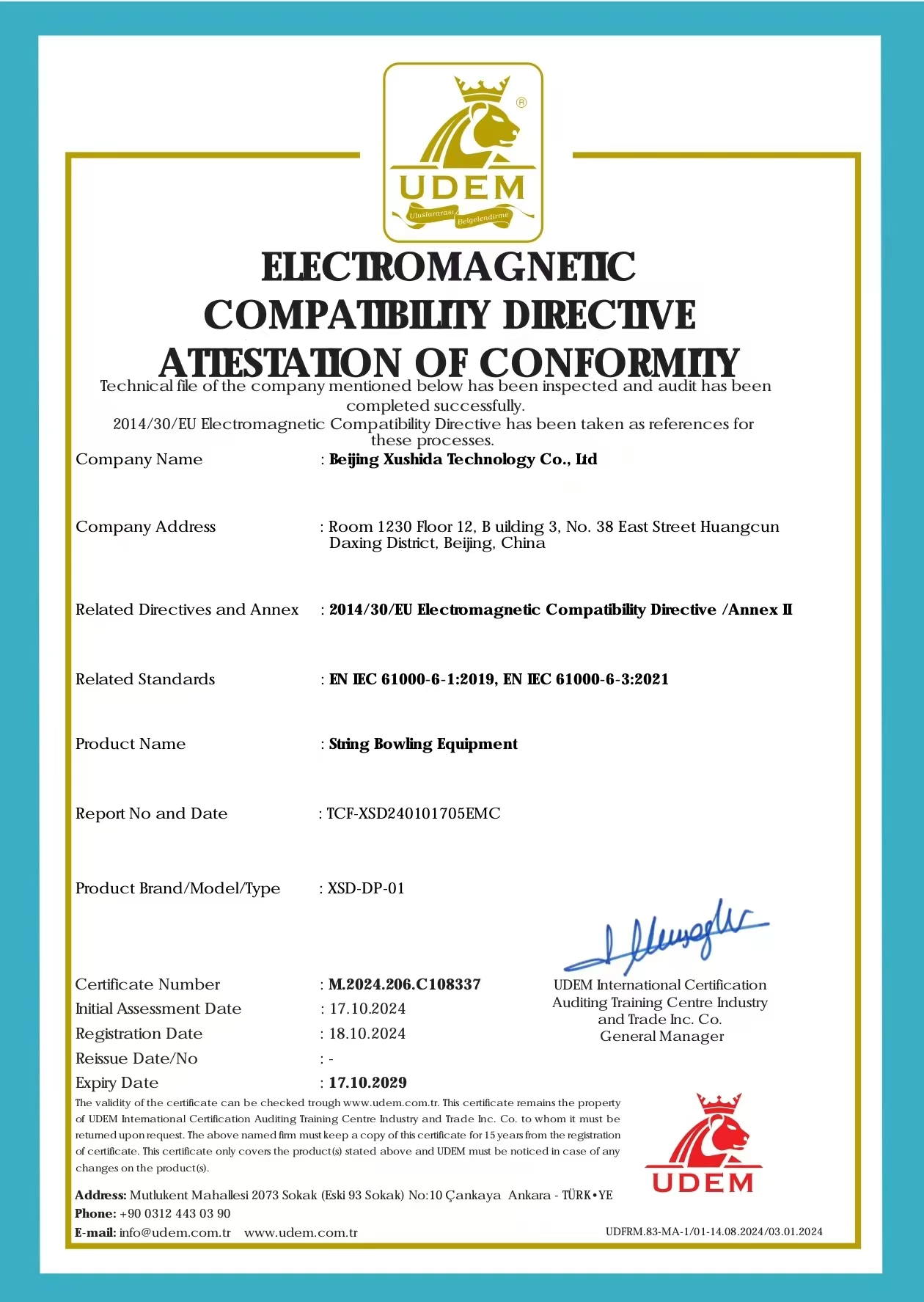 CE Certificate β EMC Directive 2014/30/EU, String Bowling Equipment XSD-DP-01